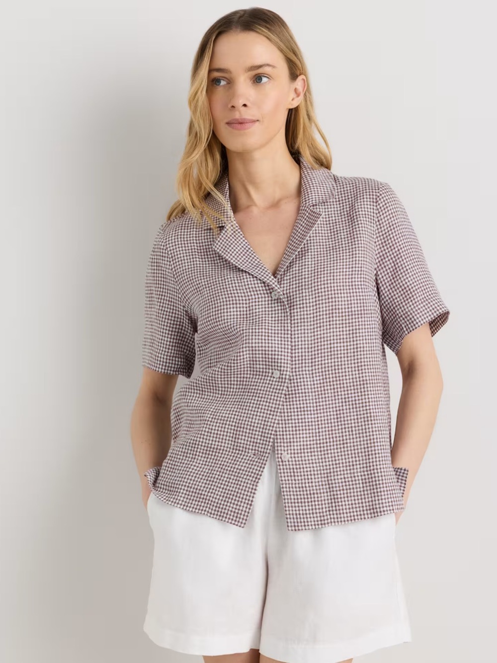 Quince Pink & White Gingham Short-Sleeve Button-Down Shirt